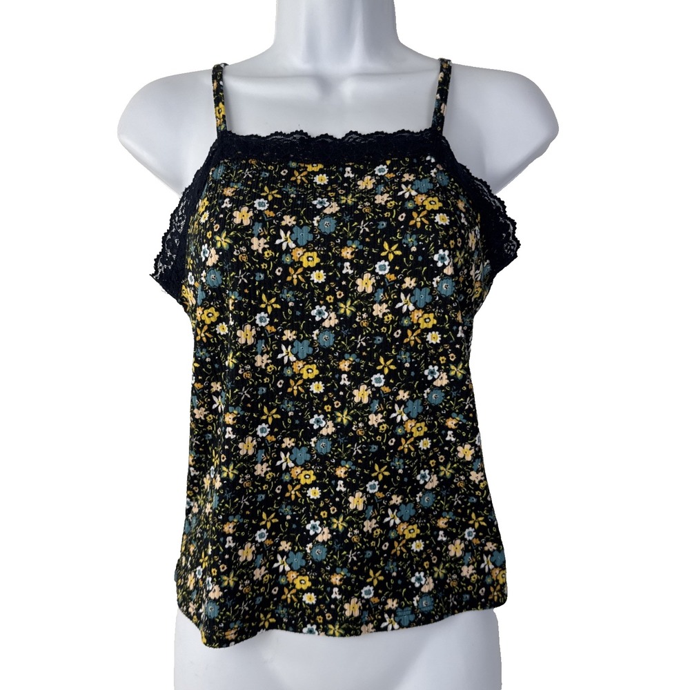 Sugar & Diamonds Floral Camisole Women XL‎ Black Lace Trim Ribbed Tank Top